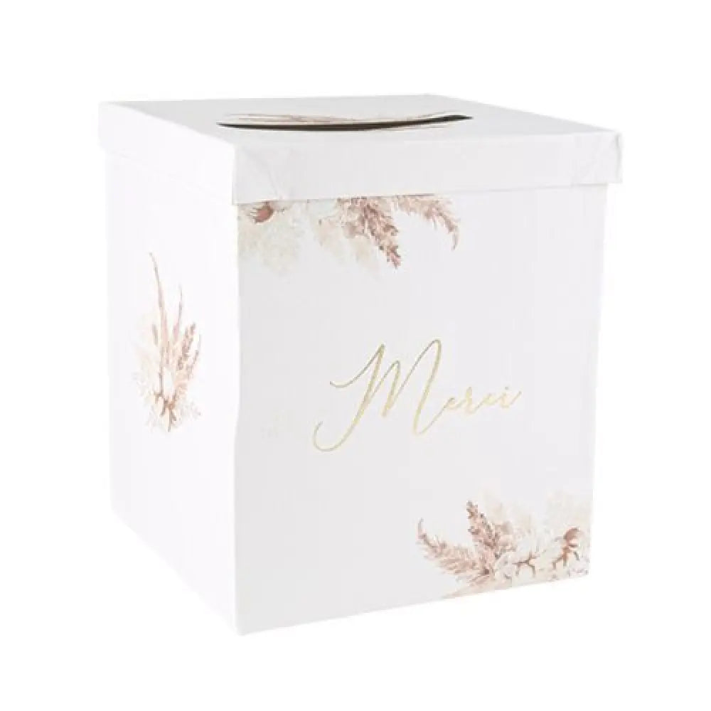 Urne "Merci" Pampas Carton Fleurs de Coton et Or - 21x25cm