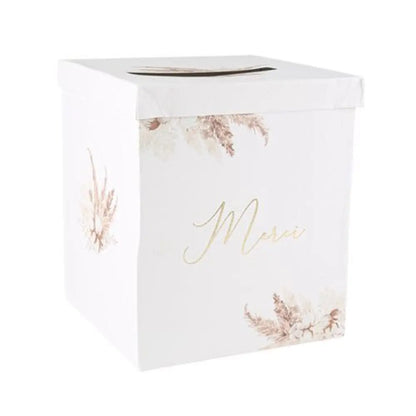 Urne "Merci" Pampas Carton Fleurs de Coton et Or - 21x25cm