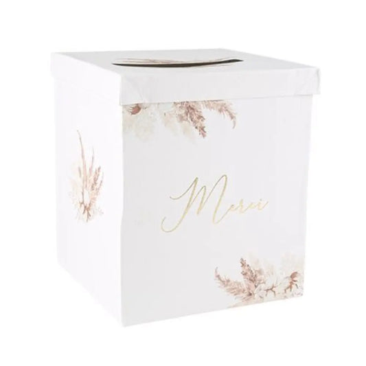 Urne "Merci" Pampas Carton Fleurs de Coton et Or - 21x25cm