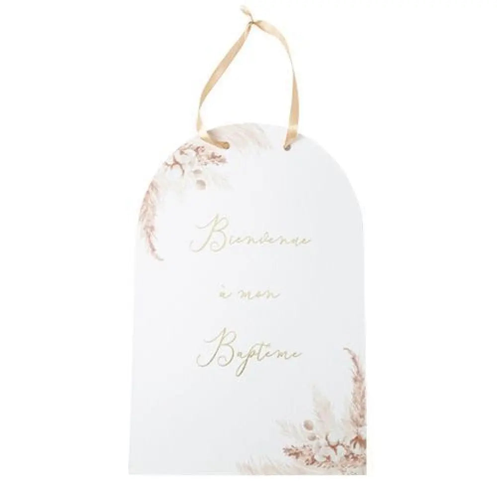 Pancarte "Bienvenue à mon Baptême" Pampas Papier Fleurs de Coton et Or - 25x38cm