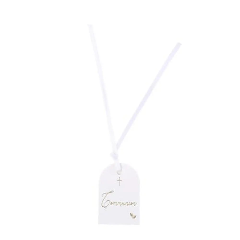 10 Étiquettes "Communion" Pureté Blanc et Or avec ruban satin - 3,5 x 5 cm