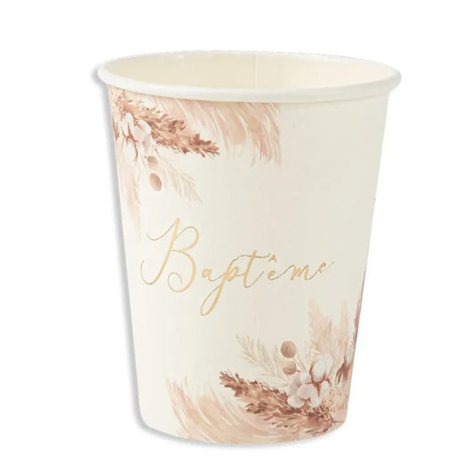 8 Gobelets en Carton 25cl - "Baptême Floral" impression métallisée or