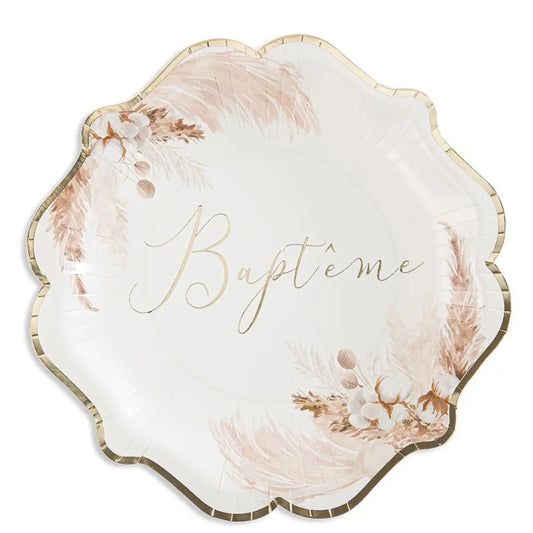 8 Assiettes en Carton D23cm - "Baptême" Floral