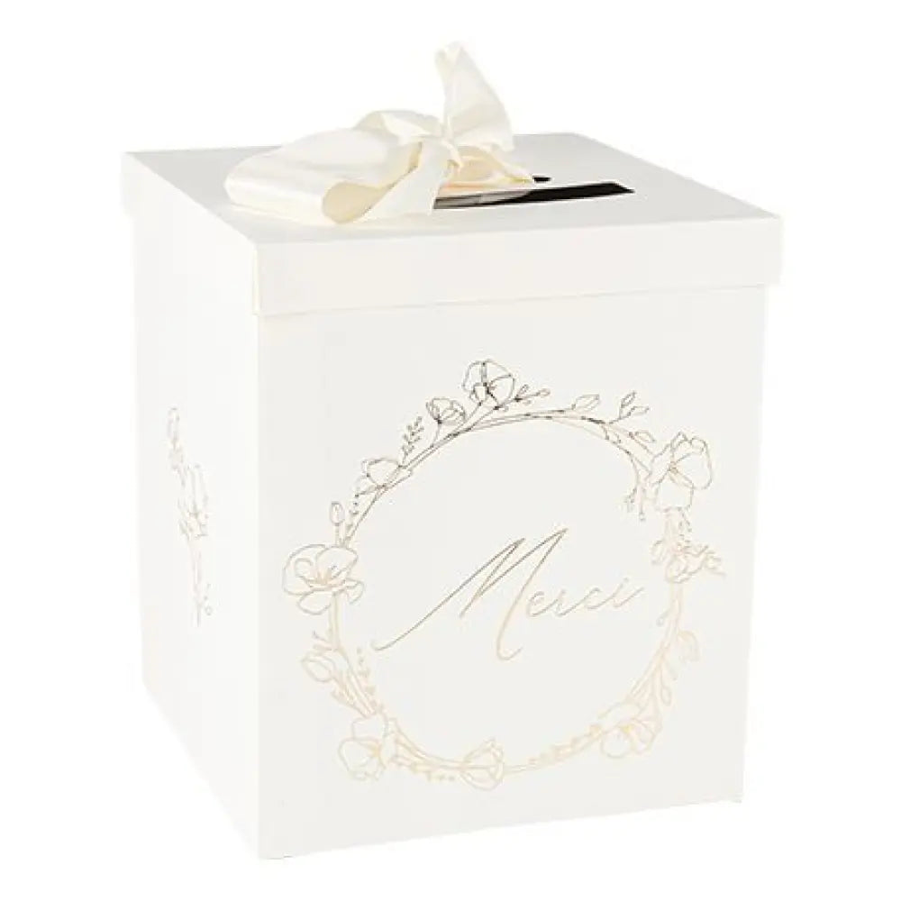 Urne "Merci" Baptême Carton Crème et Or 21x25cm