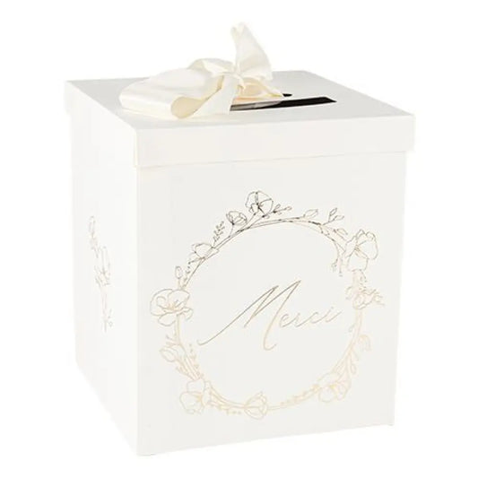 Urne "Merci" Baptême Carton Crème et Or 21x25cm