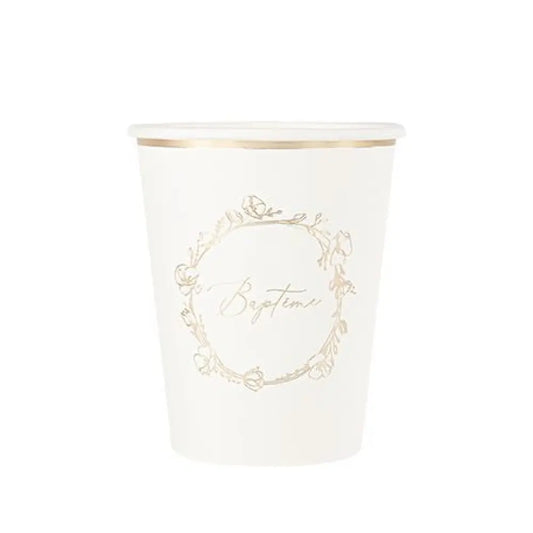 8 Gobelets en Carton - Baptême Crème et Or