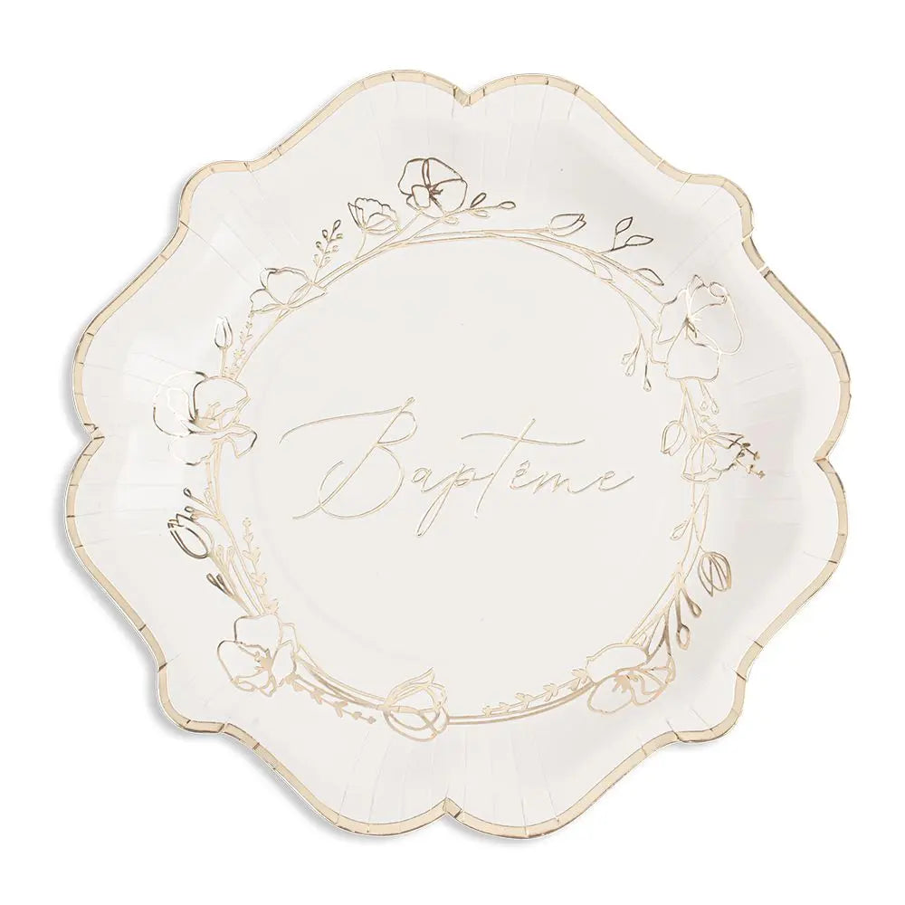 8 Assiettes en Carton D23cm - "Baptême" Métallisé Or