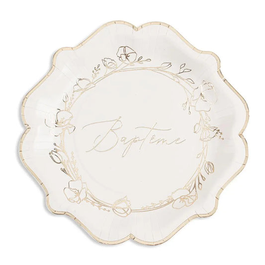 8 Assiettes en Carton D23cm - "Baptême" Métallisé Or