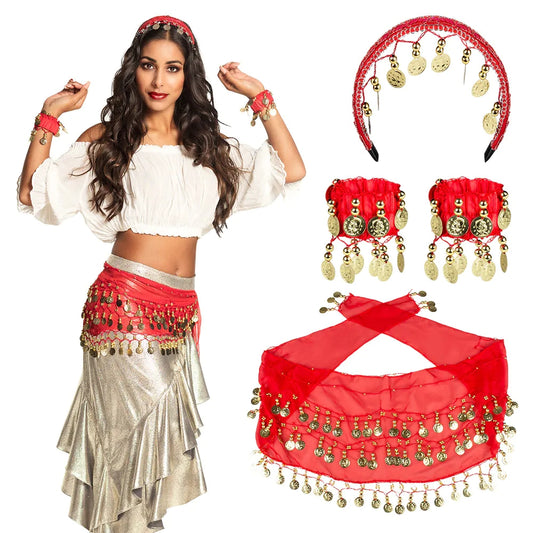 Kit danse du ventre rouge - x1 bandeau, x2 bracelet, x1 ceinture