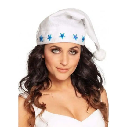 Bonnet de Noël Lumineux - Blanc avec Etoiles Bleues