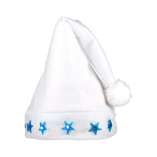 Bonnet de Noël Lumineux - Blanc avec Etoiles Bleues