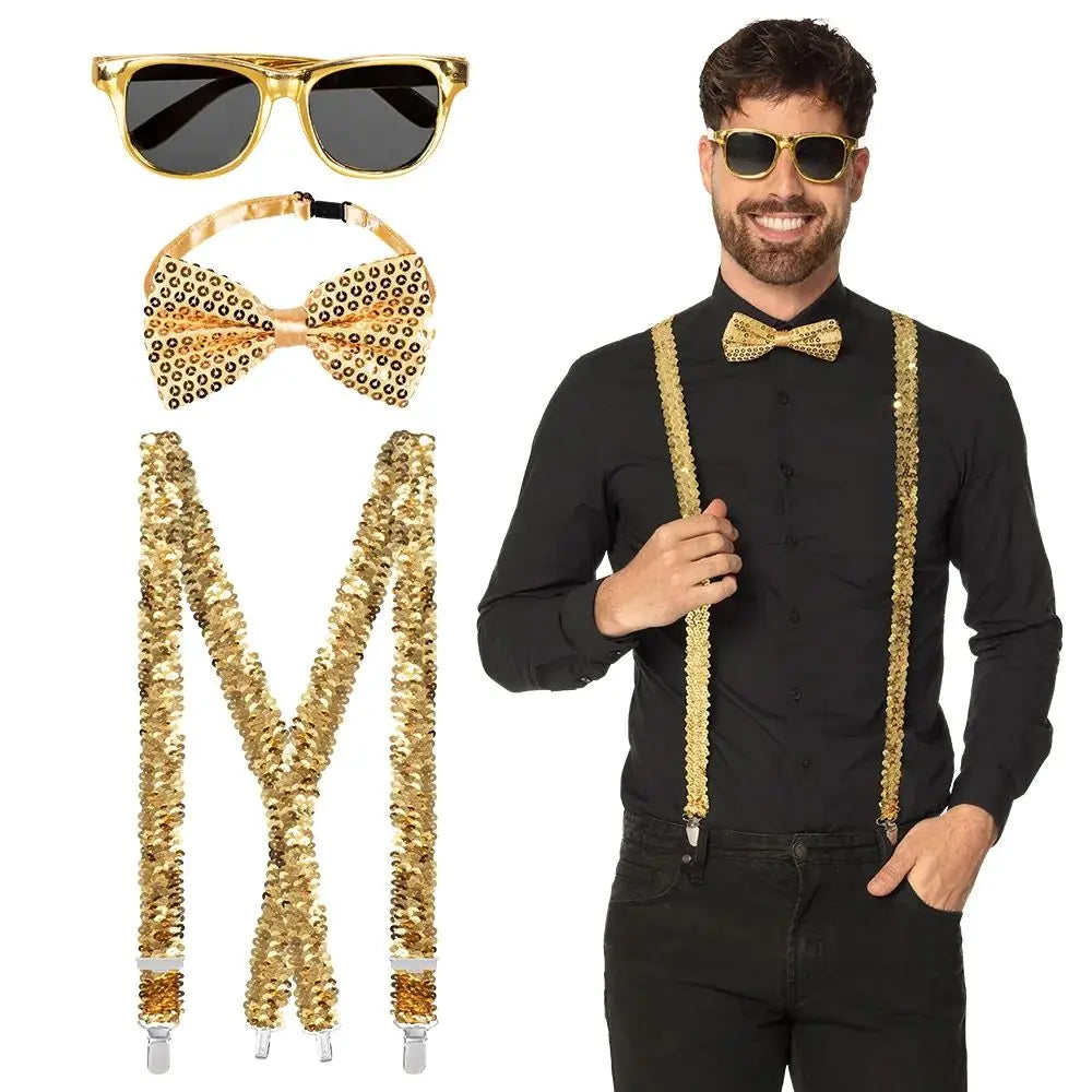Set Lunettes, Bretelles et Nœud Papillon - Sequins Or