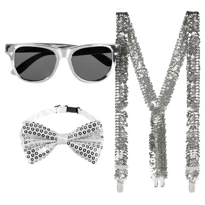 Set Lunettes, Bretelles et Nœud Papillon - Sequins Argent