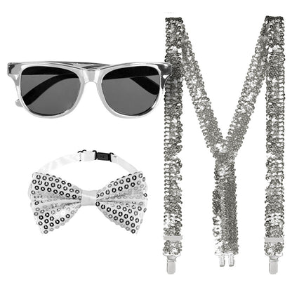 Set d'accessoires argent (lunettes party, noeud papillon et bretelles)