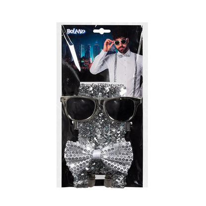 Set d'accessoires argent (lunettes party, noeud papillon et bretelles)