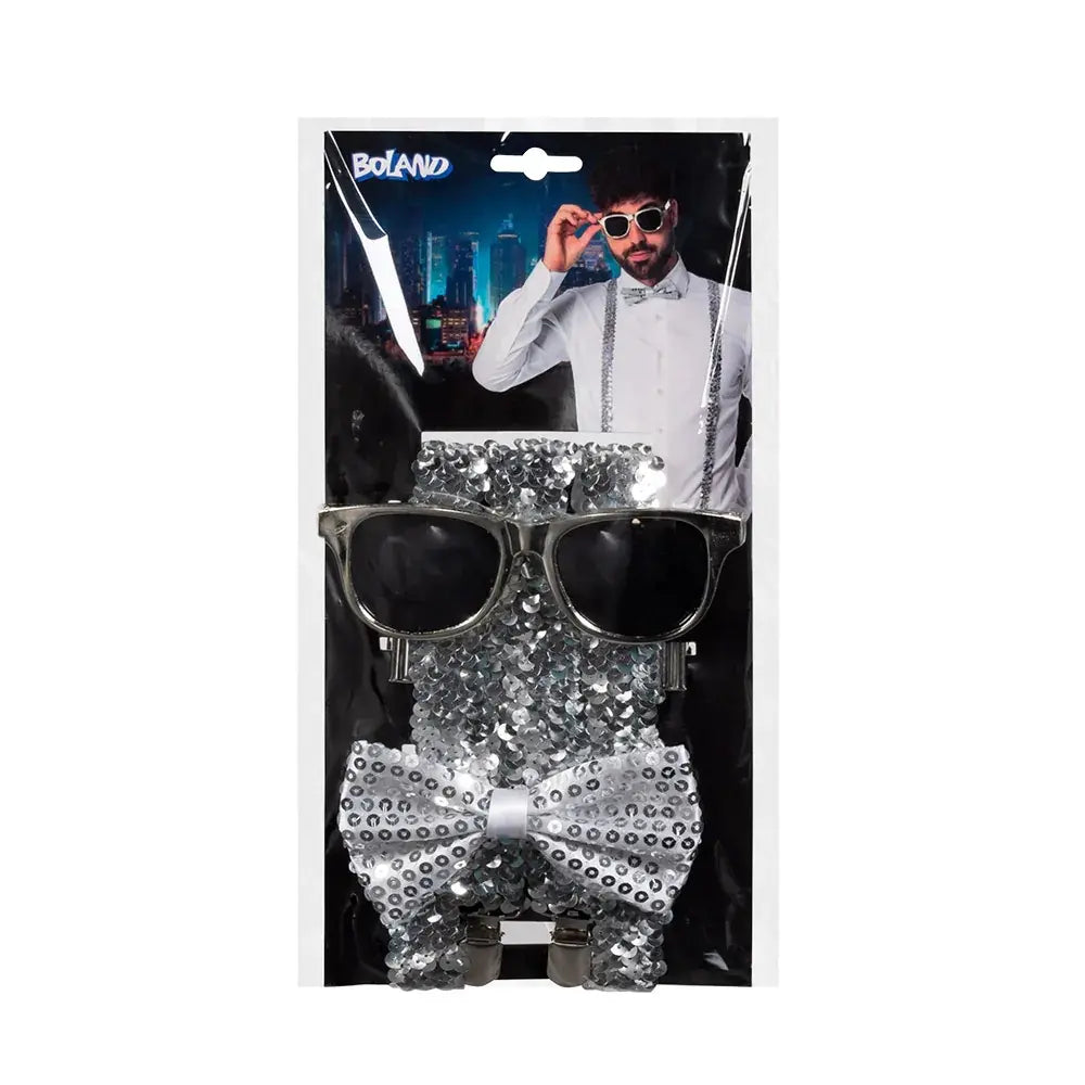 Set Lunettes, Bretelles et Nœud Papillon - Sequins Argent