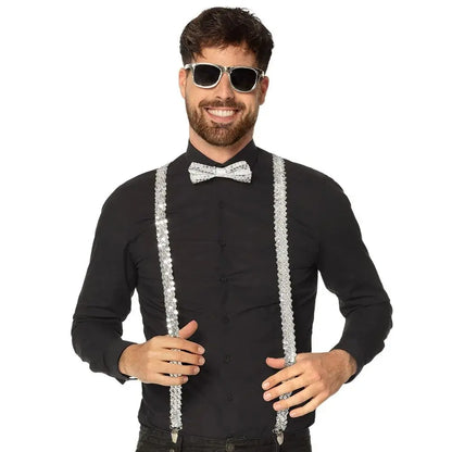 Set Lunettes, Bretelles et Nœud Papillon - Sequins Argent