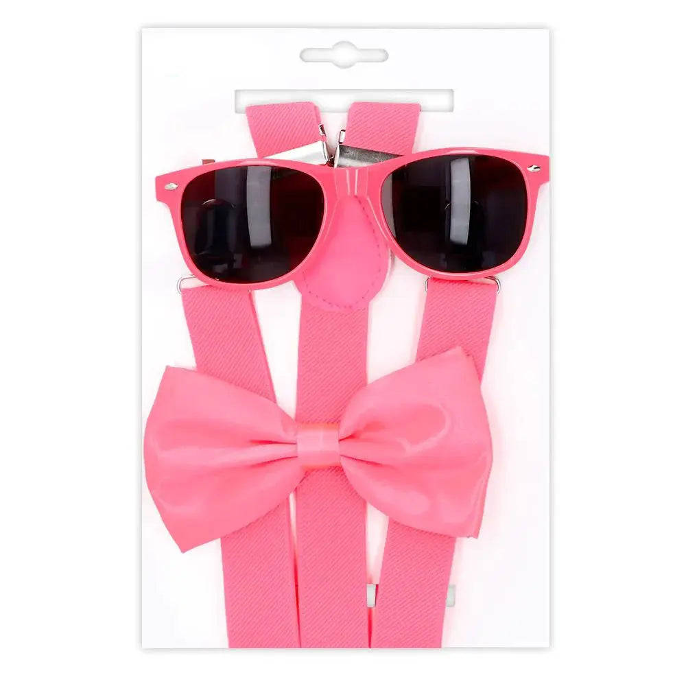 Set Lunettes, Bretelles et Nœud Papillon - Néon Rose