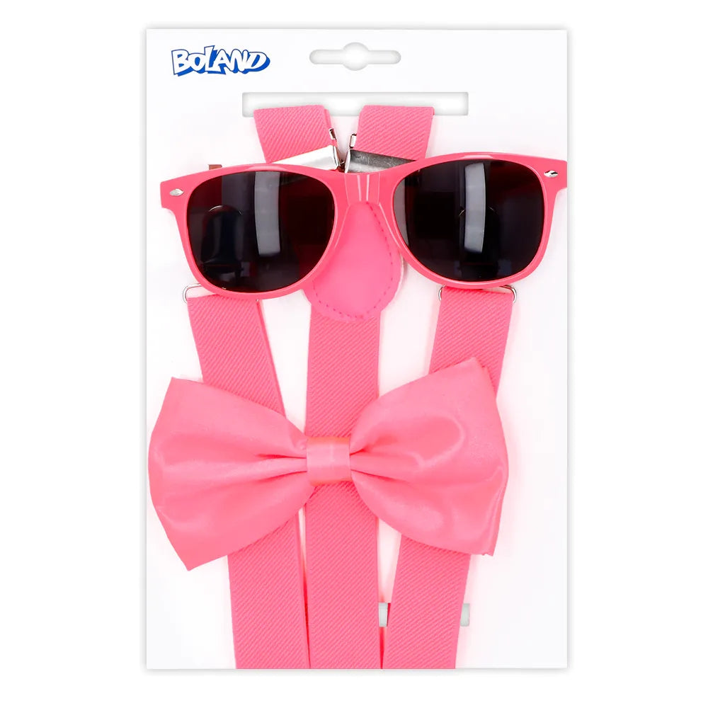 Set d'accessoires Neon rose (lunettes party, noeud papillon et bretelles)