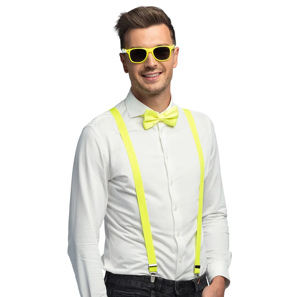 Set d'accessoires Néon jaune (lunettes party, noeud papillon et bretelles)