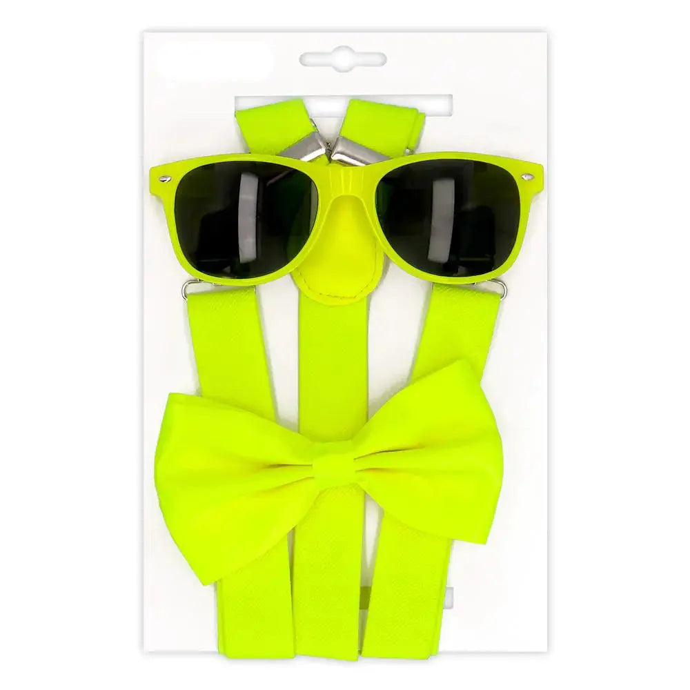 Set Lunettes, Bretelles et Nœud Papillon - Néon Jaune
