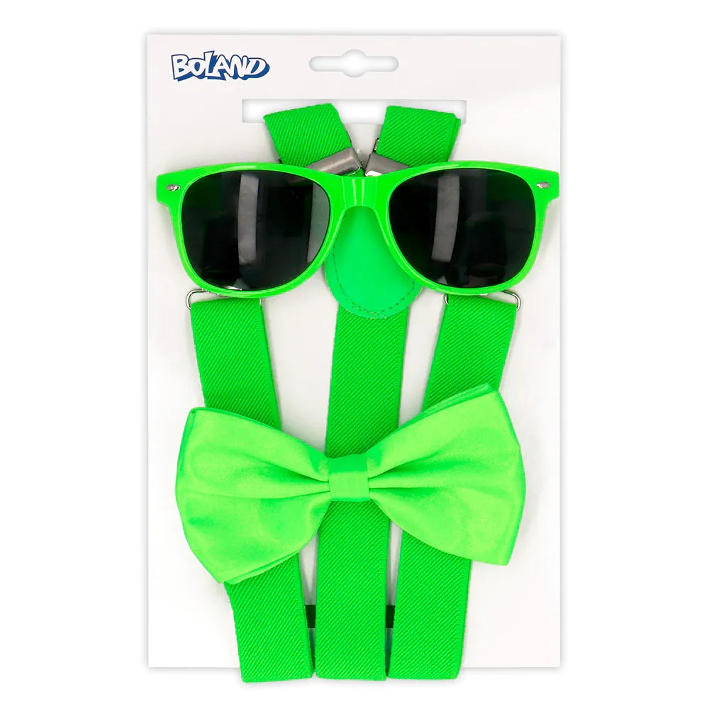 Set d'accessoires Vert fluo (lunettes party, noeud papillon et bretelles)