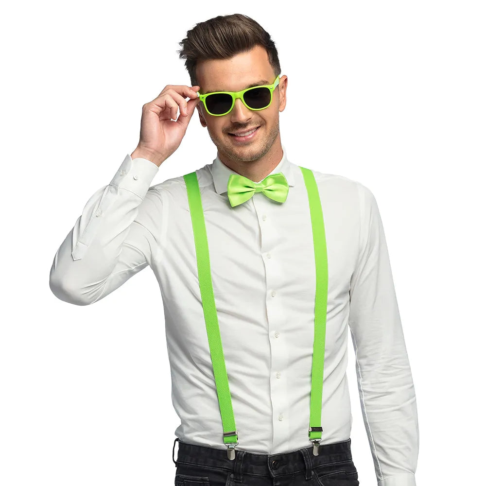 Set d'accessoires Vert fluo (lunettes party, noeud papillon et bretelles)