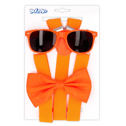 Set d'accessoires orange fluo (lunettes party, noeud papillon et bretelles)