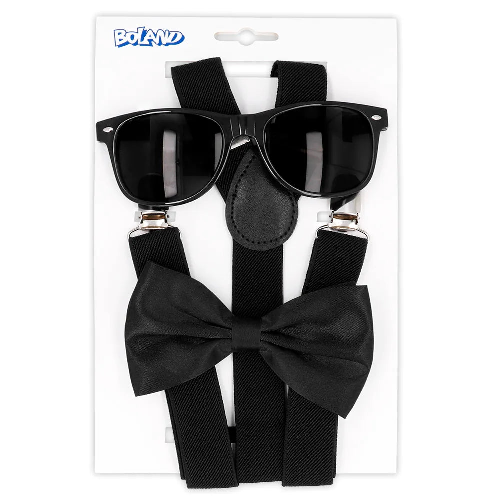 Set d'accessoires noir (lunettes party, noeud papillon et bretelles)