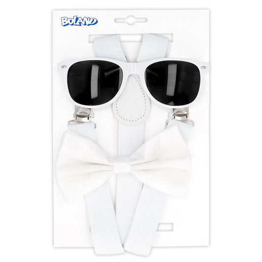 Set d'accessoires blanc (lunettes party, noeud papillon et bretelles)