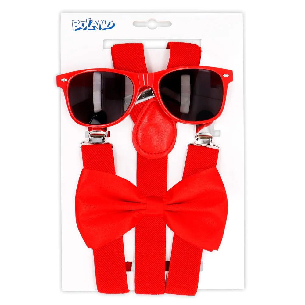 Set d'accessoires rouge (lunettes party, noeud papillon et bretelles)