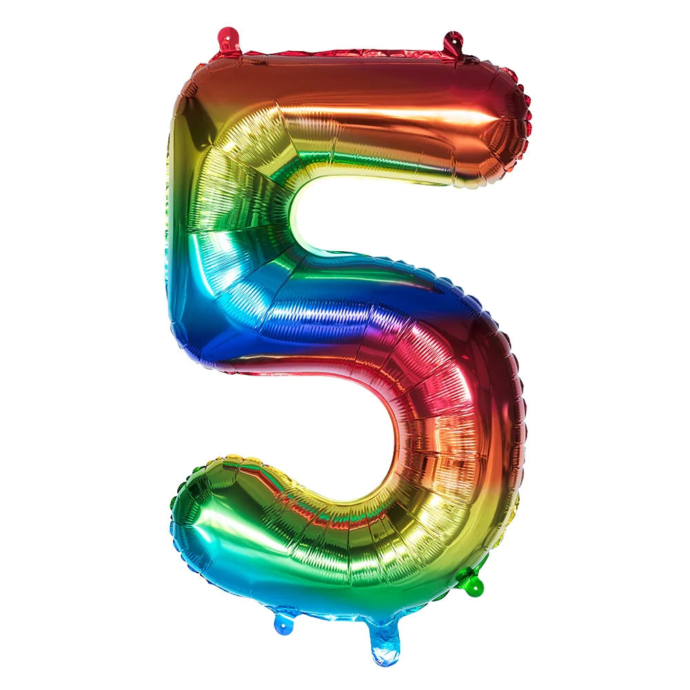 Ballon en aluminium '5' arc-en-ciel