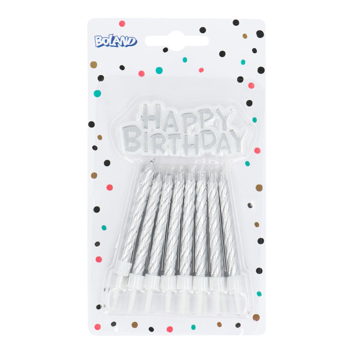 Set 16 Bougies spirale avec bouchon de gâteau 'Happy Birthday' argenté