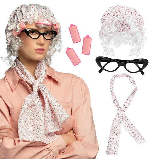 Set Grand Mère (bonnet de nuit, écharpe, lunettes, bigoudis)