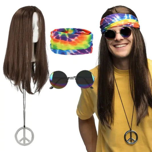 Perruque Hippie John (bandeau, lunettes party, perruque et collier)