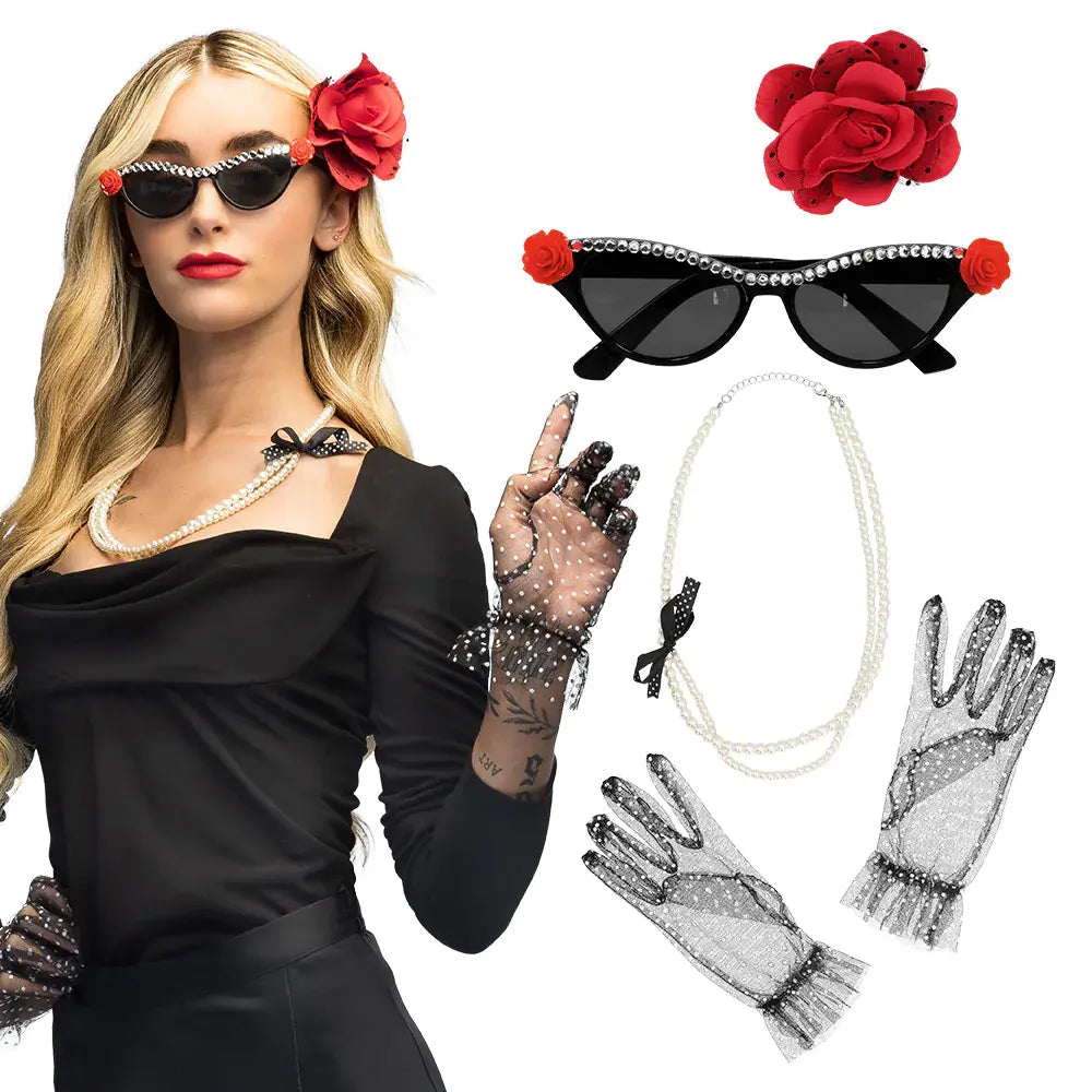 Set Vintage (accessoire cheveux, lunettes party, collier et 2 gants)