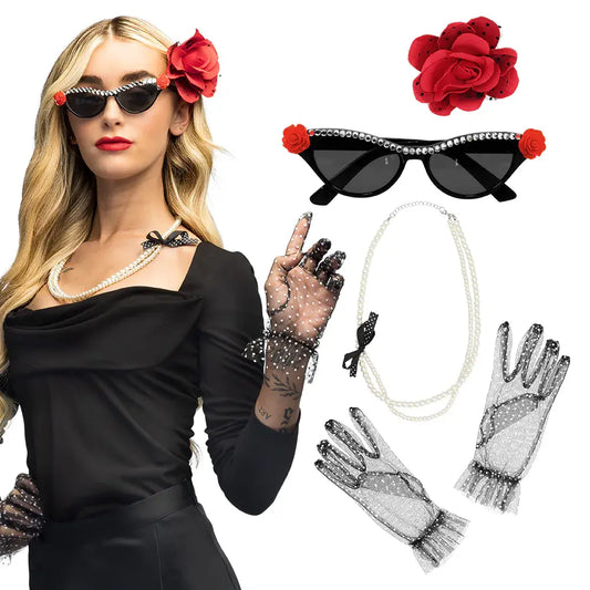 Set Vintage (accessoire cheveux, lunettes party, collier et 2 gants)