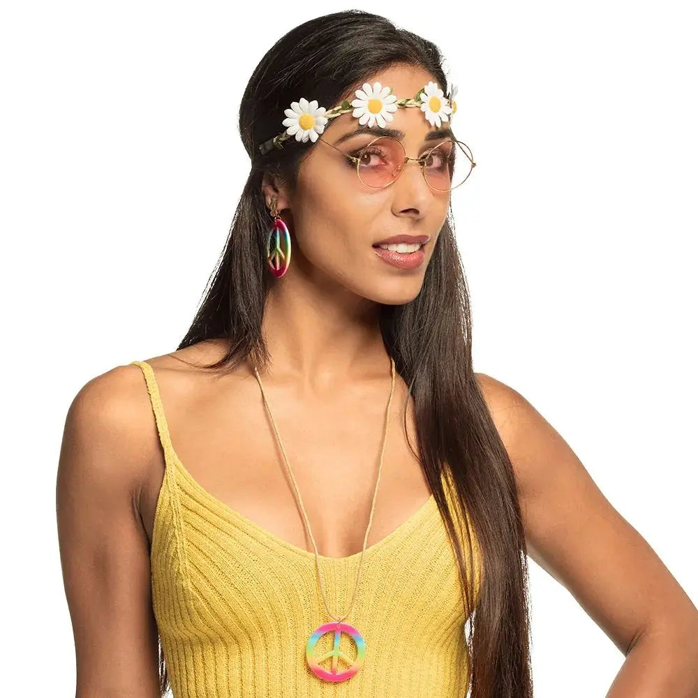 Set Hippie de luxe - x1 bandeau, x1 paire de lunettes, x2 boucles d'oreille, x1 collier