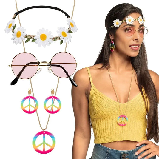 Set Hippie de luxe - x1 bandeau, x1 paire de lunettes, x2 boucles d'oreille, x1 collier