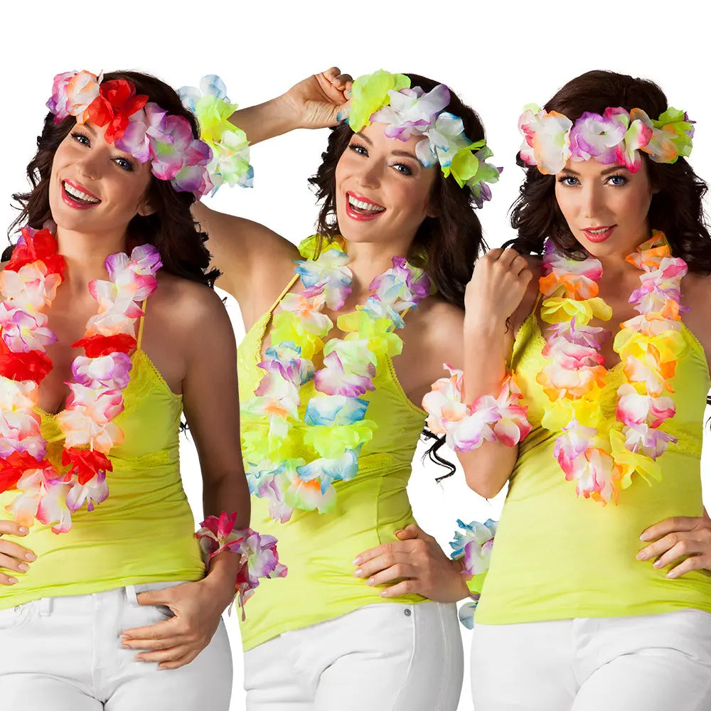 Set hawaïen Sunshine - 1 bandeau + 1 collier + 2 bracelets (Coloris au choix) 