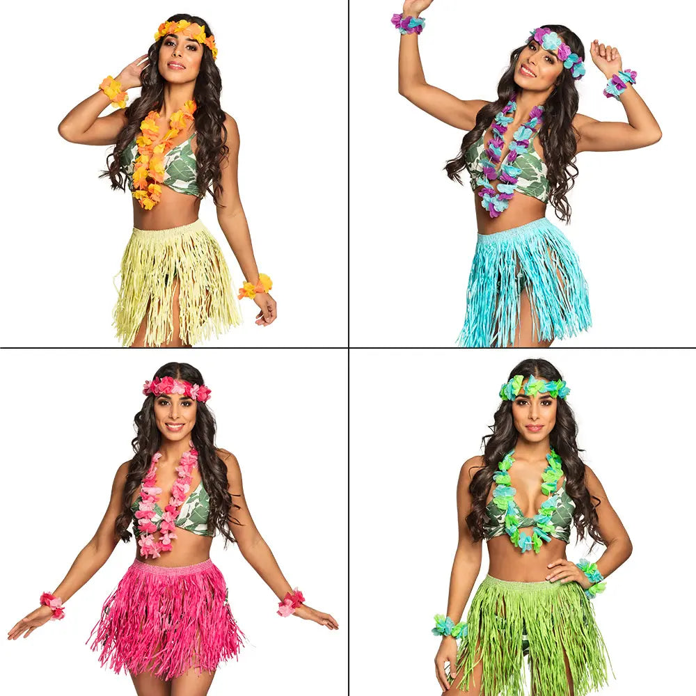 Set Hawaïen Kalia - 1 collier + 1 bandeau + 2 bracelets + 1 jupe (Coloris au choix)