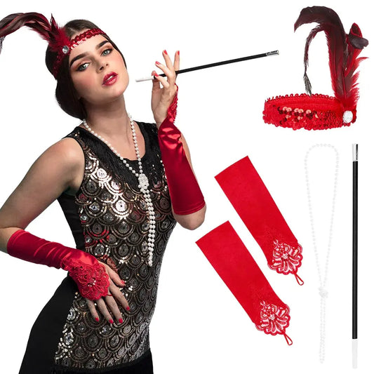 Set Flapper deluxe rouge - x1 bandeau, x1 collier, x2 gants, x1 fume cigarette