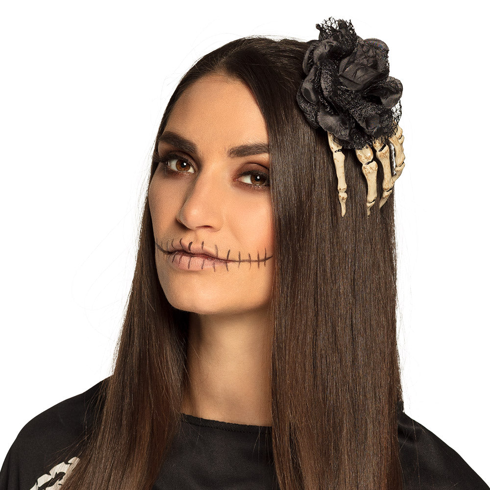 Barrette Cheveux Main de Squelette avec Rose Noire