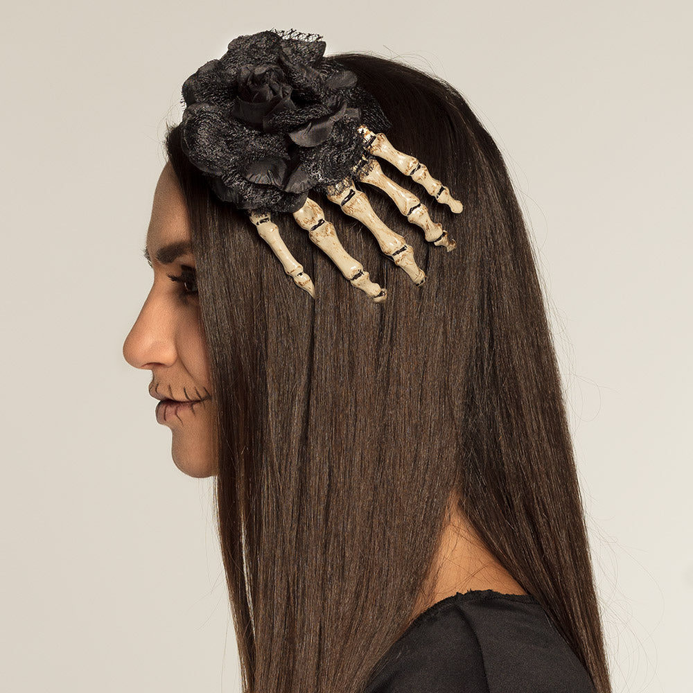 Barrette Cheveux Main de Squelette avec Rose Noire