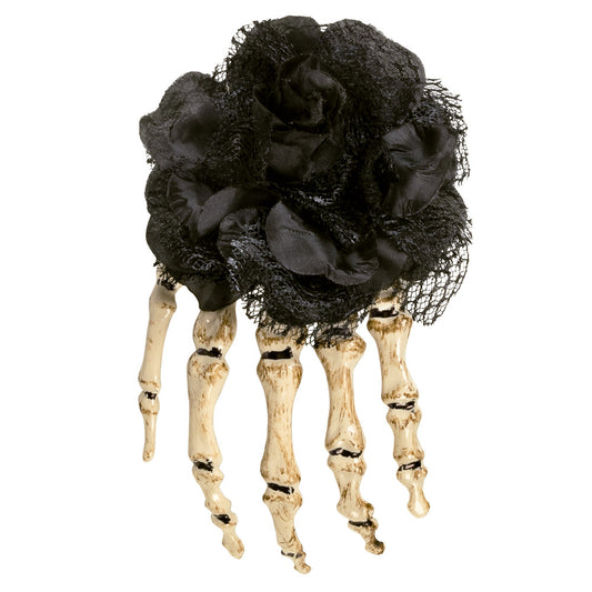 Barrette Cheveux Main de Squelette avec Rose Noire