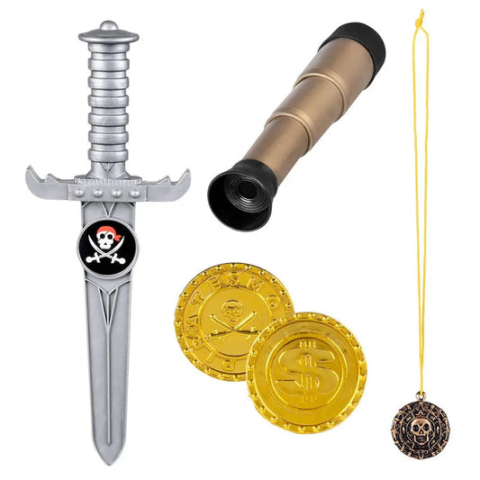 Set Accessoires de pirate - x1 télescope 18 cm, x1 poignard 23 cm, x1 amulette, x2 pièces de monnaie