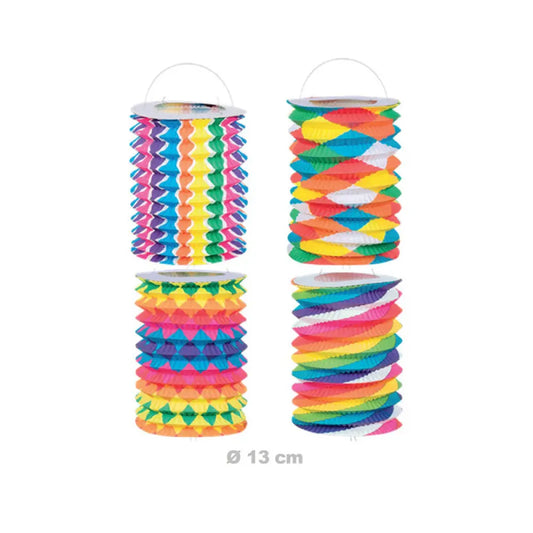 12 Lampions cylindrique multicolore - 4 motifs assortis- Ø 13 cm