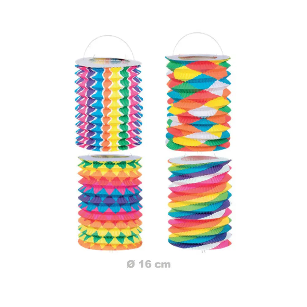 12 Lampions cylindrique multicolore - 4 motifs assortis - Ø 16 cm