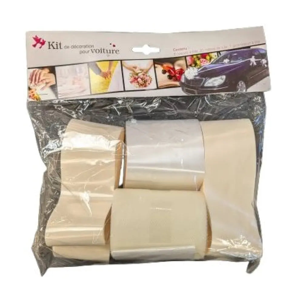 Kit Déco Voiture - Crème - 6 Nœuds à Tirer, 20m de Tulle et 1 Gros Nœud à Tirer