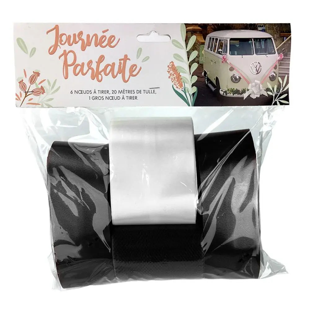 Kit Déco Voiture - 6 Nœuds à Tirer, 20m de Tulle et 1 Gros Nœud à Tirer